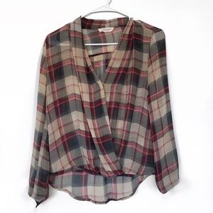 Multicolor Plaid Sheer Draped Long Sleeve Top – Size XS